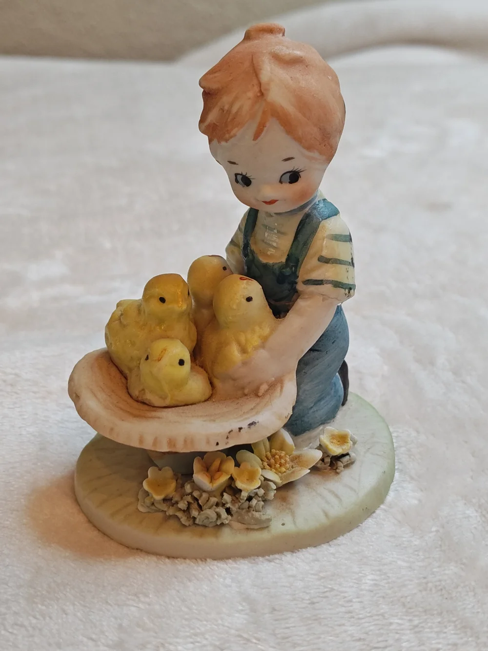 Vintage Rare Lefton Figurine Little Boy With Hat Full Of Yellow Chicks